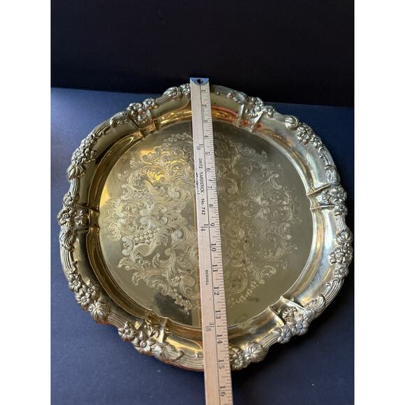 Vintage French Victorian Brass Serving Platter Etched Engraved Round Charcuterie - Picture 6 of 9